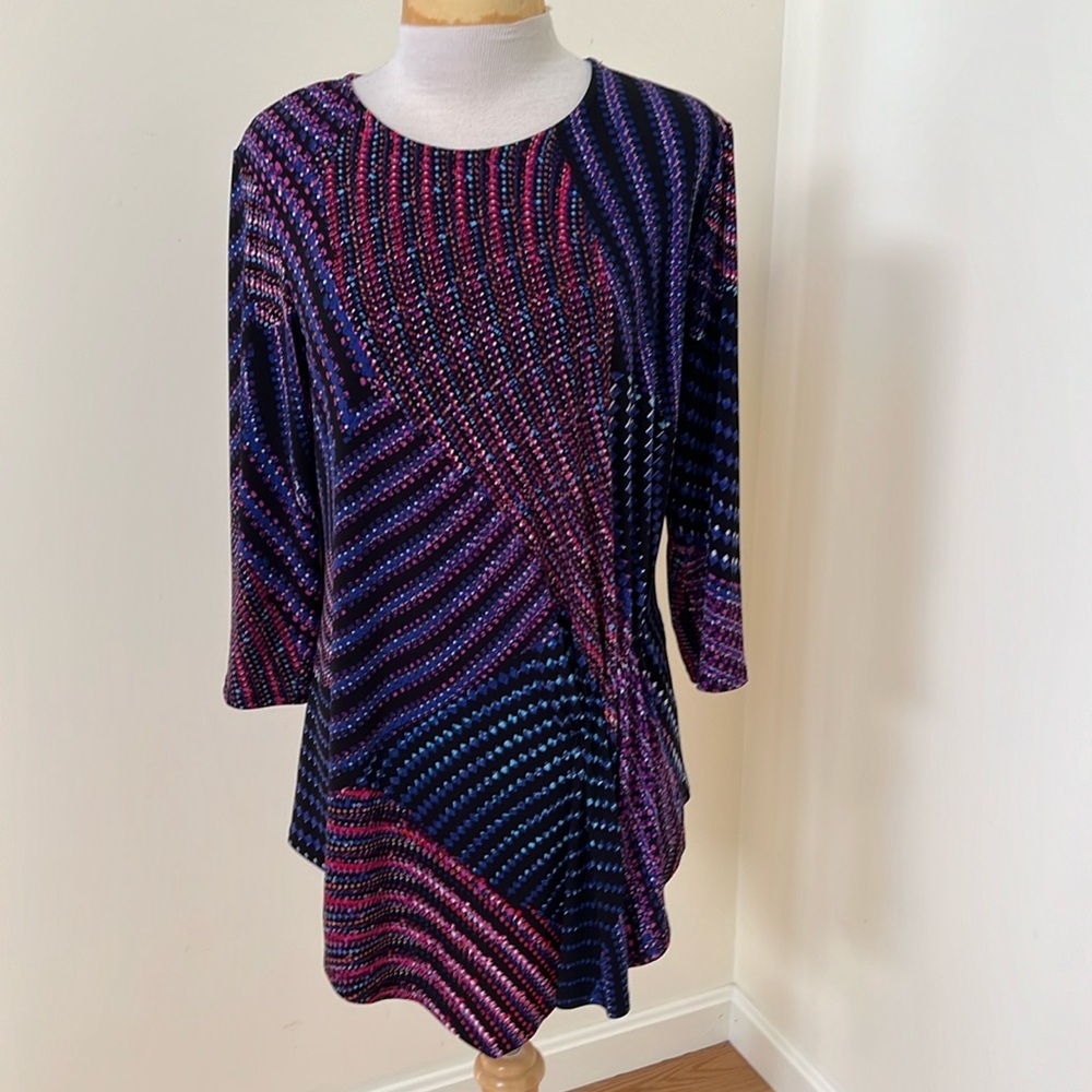 Joseph Ribkoff Sz 12, Blue Multi Asymmetrical Top.